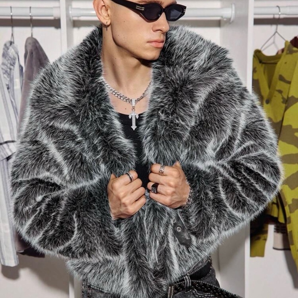Men's Luxurious Faux Fur Coat - Black and Gray